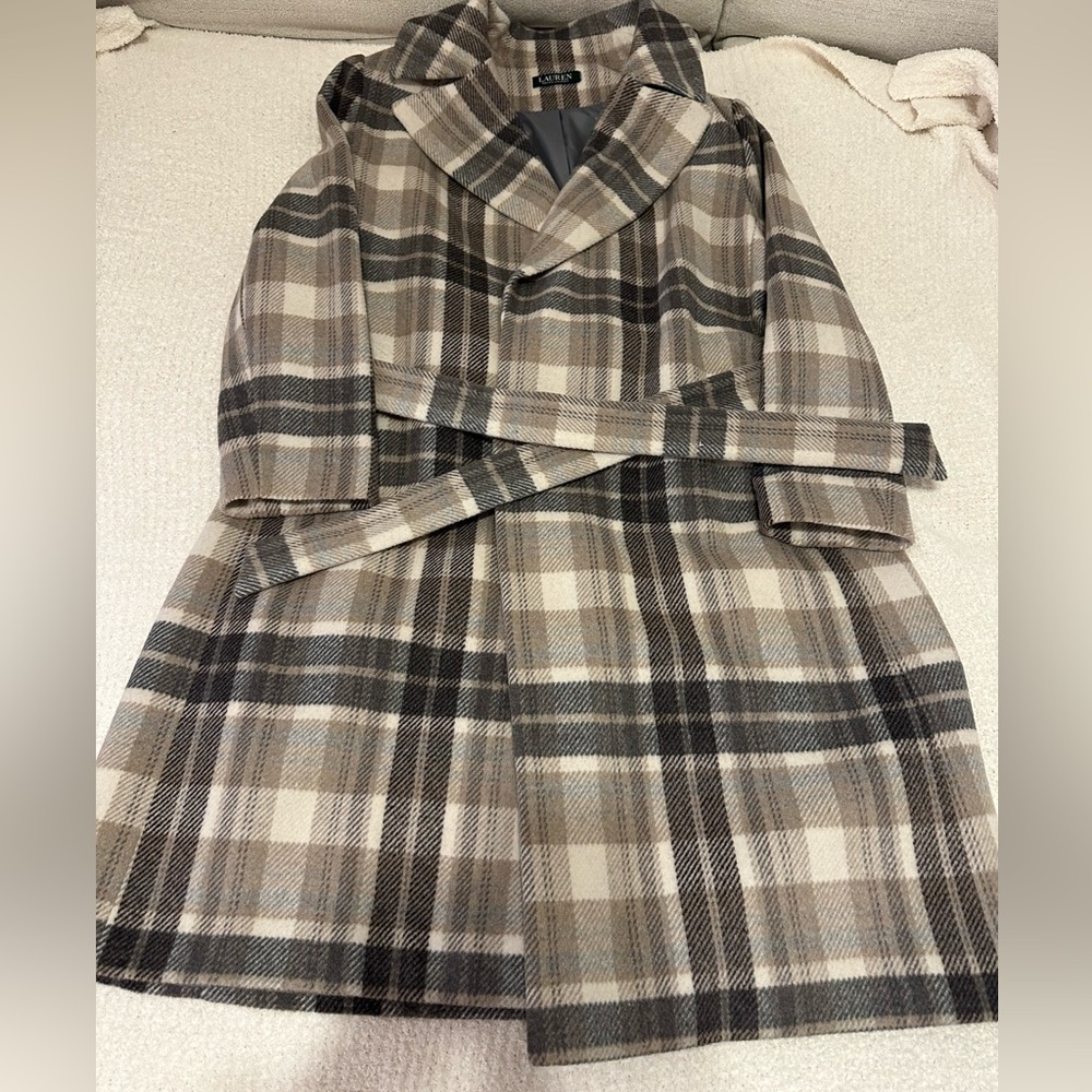 Ralph Lauren Beige and Gray Plaid Overcoat